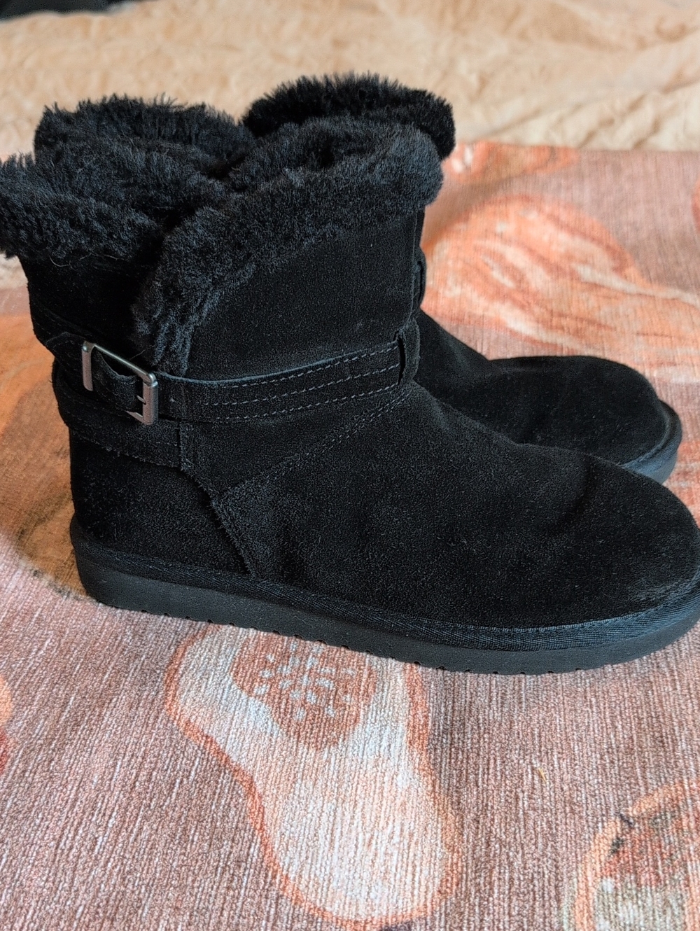 Koolaburra Black Faux-Suede Shearling Lined Ankle Slippers